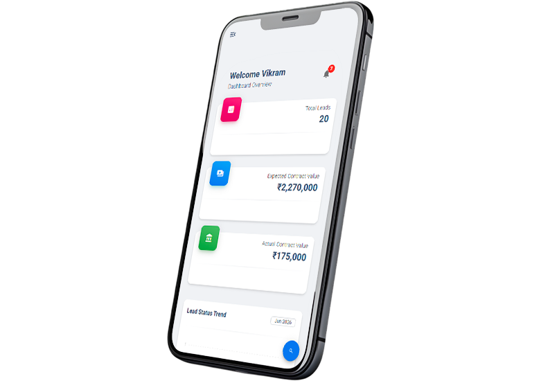SalesHive CRM mobile dashboard on a smartphone showing total leads and contract value