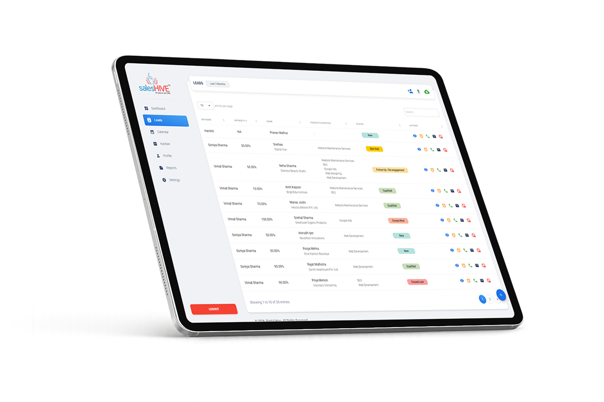SalesHive CRM lead notes with time-stamped follow-up entries tagged by team member