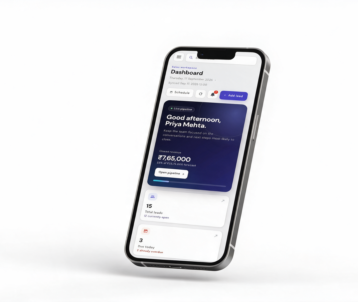 SalesHive CRM mobile dashboard on a smartphone showing total leads and contract value